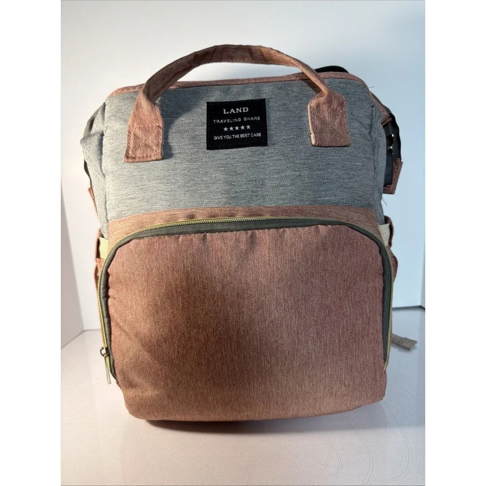 Land Large Gray Pink Diaper Backpack with Changing Pad and Adjustable Strap
